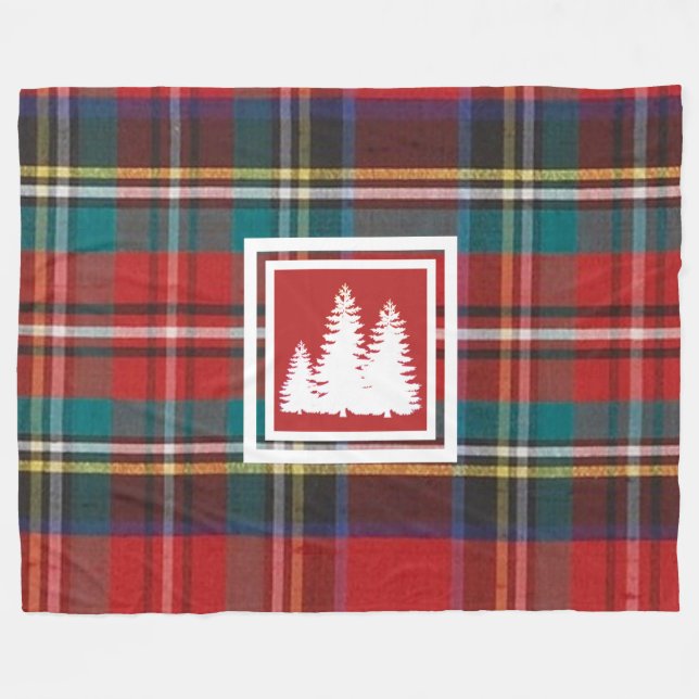Red Tartan Play & White Gräs Träd Silhouette Fleecefilt (Framsidan (Horisontell))