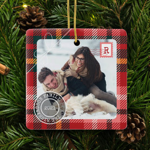Red Tartan Pput Delivery Parcel 2 Photo Family Julgransprydnad Keramik
