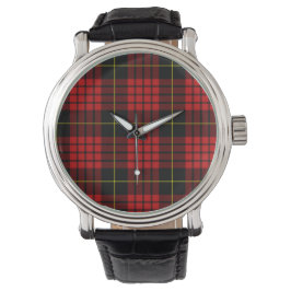 Red Tartan Vintage Black Leather Strap Watch Armbandsur