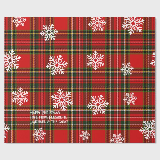 Red Tartan White Snowflake Personlig jul Presentpapper (Platt)