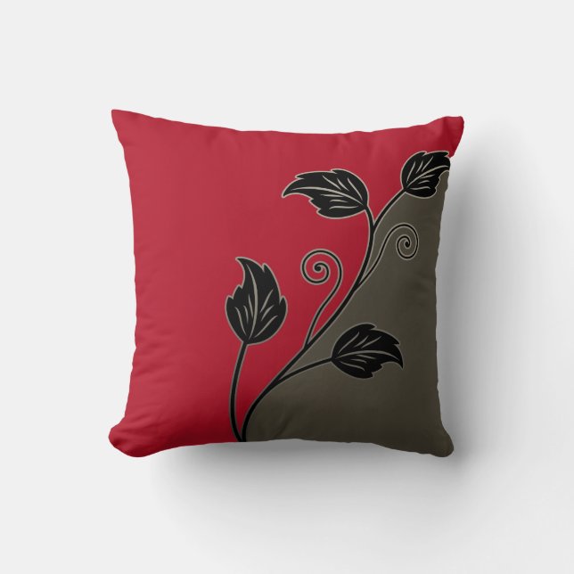 Red Taupe Black Leafy Blommigt Vine Kudde (Framsida)