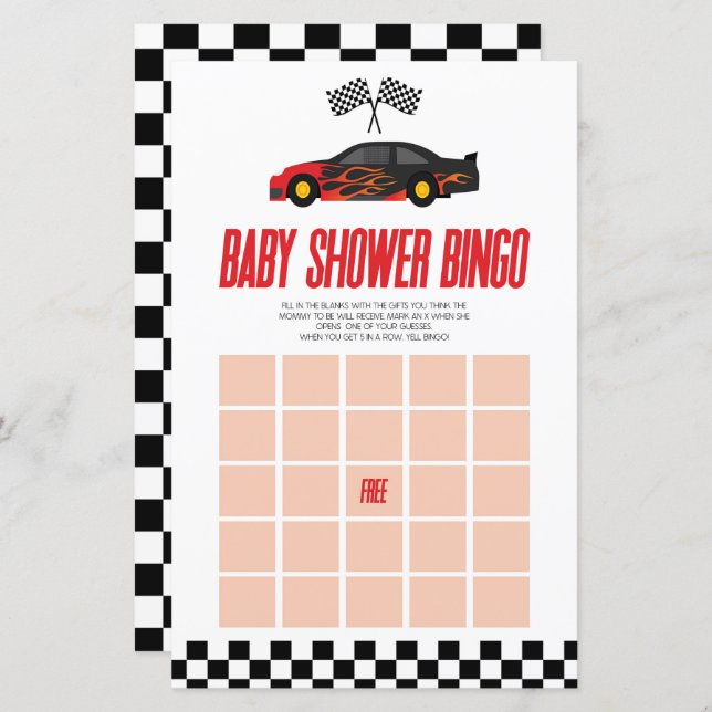 Red Tävling Car Bingo Baby Shower Game (Fram/baksida)