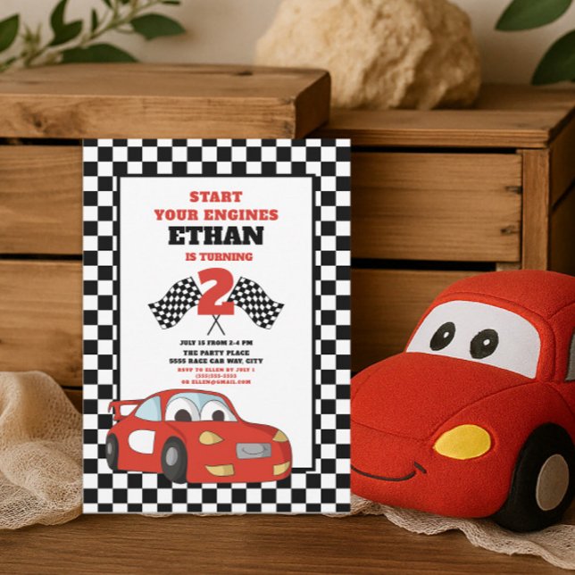 Red Tävling Car Child's 2nd Birthday Inbjudningar (Red race car little boy's 2nd birthday party invitation)