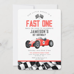 Red Tävling Car Fast 1 1:a födelsedag Party Inbjud