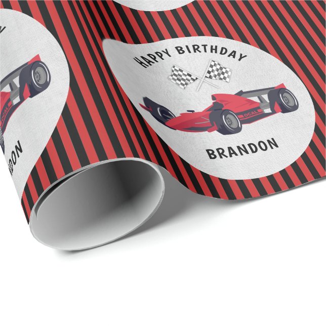 Red Tävling Car Stripe Birthday Personlig Wrappin Presentpapper (Rullad Hörn)