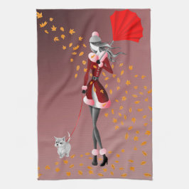 Red Tea Towel Hund & Dam Höst löv Kökshandduk