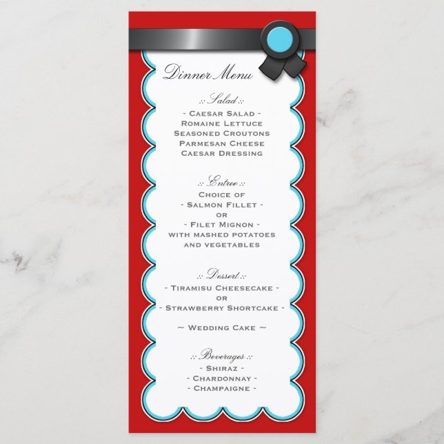 Red & Teal, Black Ribbon Wedding Reception Menu Meny (Framsida)