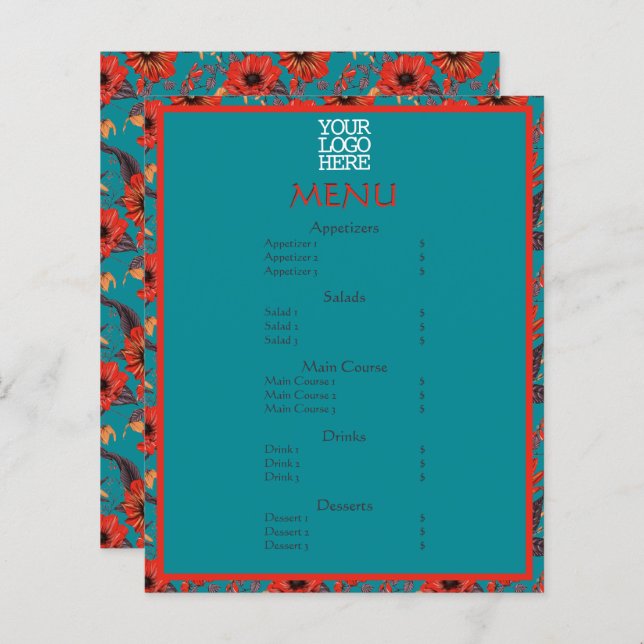 Red Teal Blommigt Cafe Restaurant Menu (Fram/baksida)