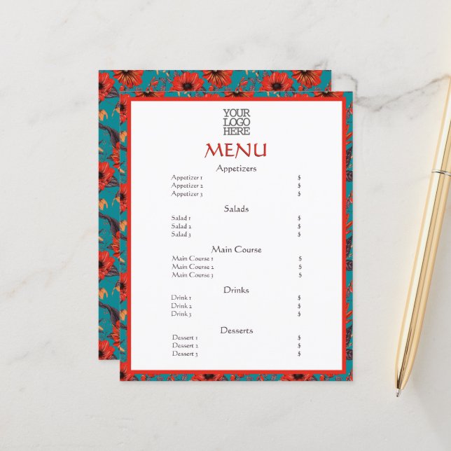 Red Teal Blommigt Cafe Restaurant Menu (Fram/Back In Situ)