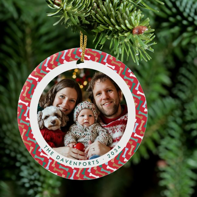 Red & Teal Bone Mönster Hund Family 2-foton Julgransprydnad Keramik (Red & Teal Bone Pattern Dog Family 2 Photos Ceramic Ornament)