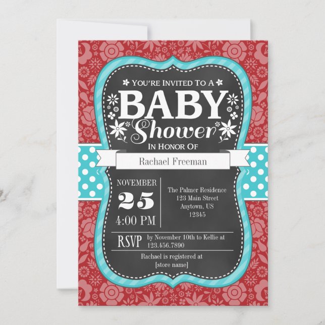Red Teal Chalkboard Blommigt Baby Shower Inbjudan (Framsida)