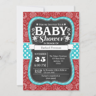 Red Teal Chalkboard Blommigt Baby Shower Inbjudan