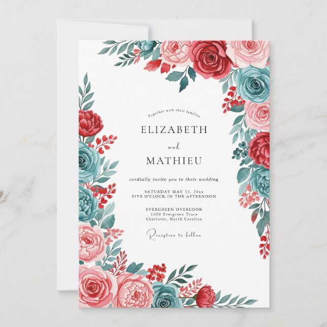 Red Teal Gracious Botanical Wedding Inbjudningar (Framsida)