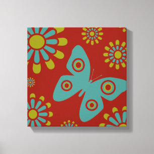 Red Teal Grönt Flowers Butterfly Canvas Art