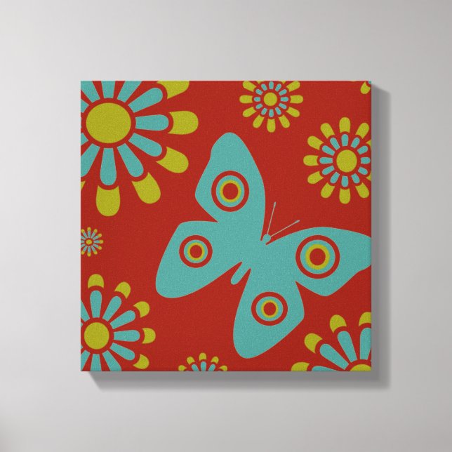Red Teal Grönt Flowers Butterfly Canvas Art (Framsida)