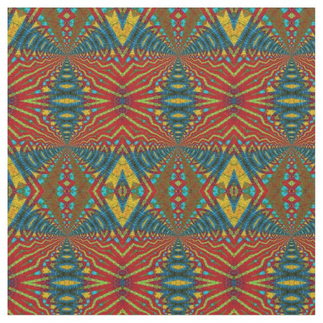 Red Teal Gult Modern Ethnic Textile Tribal Print Tyg (Närbild)