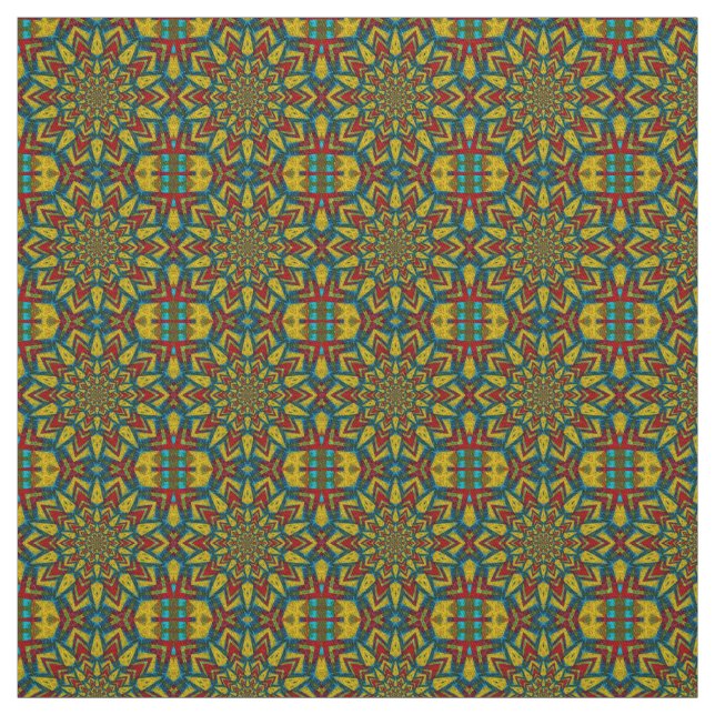 Red Teal Gult Modern Ethnic Textile Tribal Print Tyg (Prov)