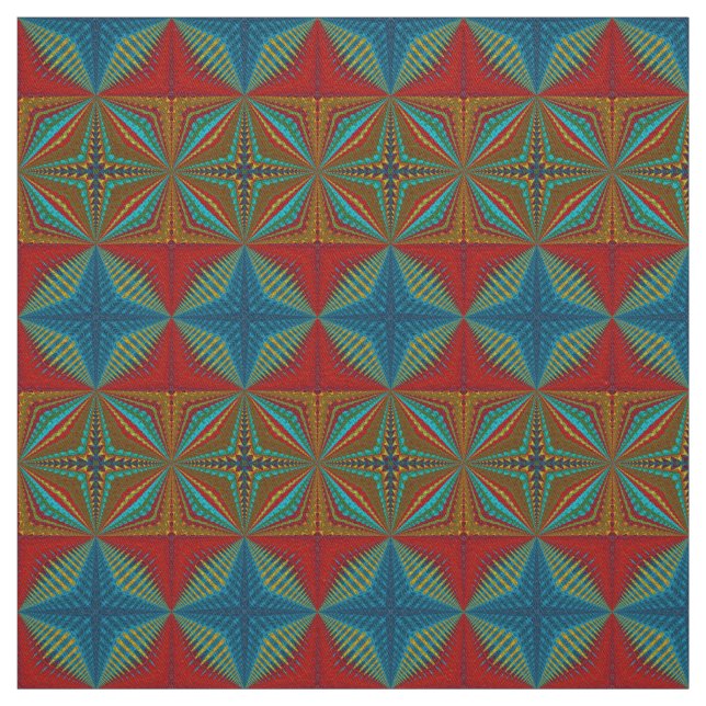 Red Teal Gult Modern Ethnic Textile Tribal Print Tyg (Prov)
