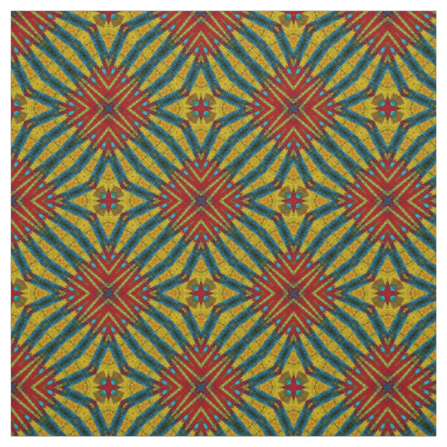 Red Teal Gult Modern Ethnic Textile Tribal Print Tyg (Prov)