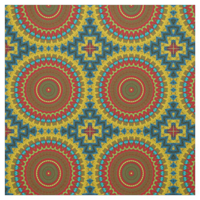Red Teal Gult Modern Ethnic Textile Tribal Print Tyg (Provkarta)