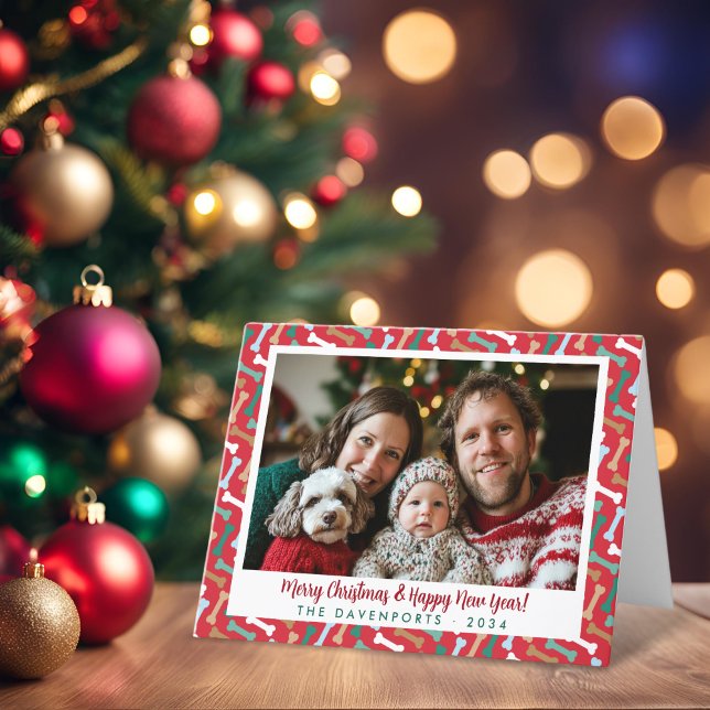Red & Teal Hund Bones Mönster julfoto Helgkort (Red & Teal Dog Bones Pattern Christmas Pet Photo Holiday Card)