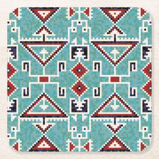 Red & Teal Native Indian Navajo Mönster Underlägg Papper Kvadrat (Framsidan)