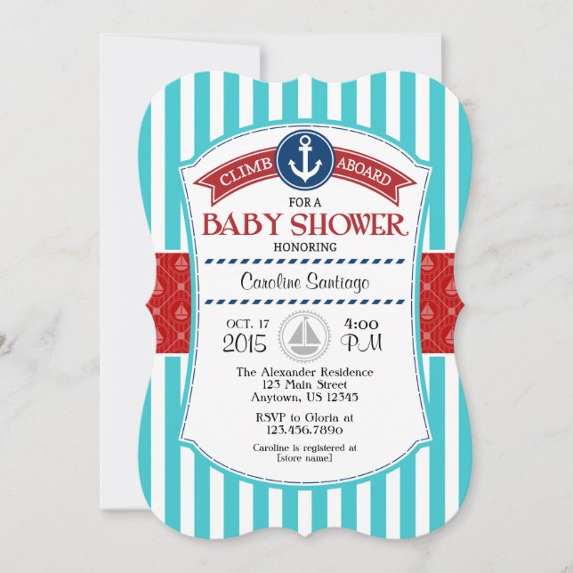 Red Teal Nautical Baby Shower-inbjudan Inbjudningar (Framsida)