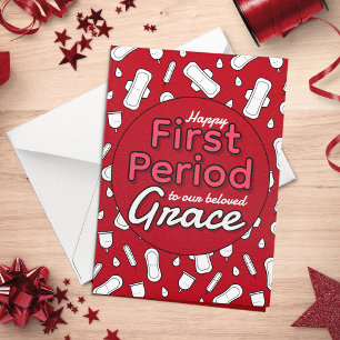 Red Tecknad Pad Tampon Tonåring First Period Girl Kort