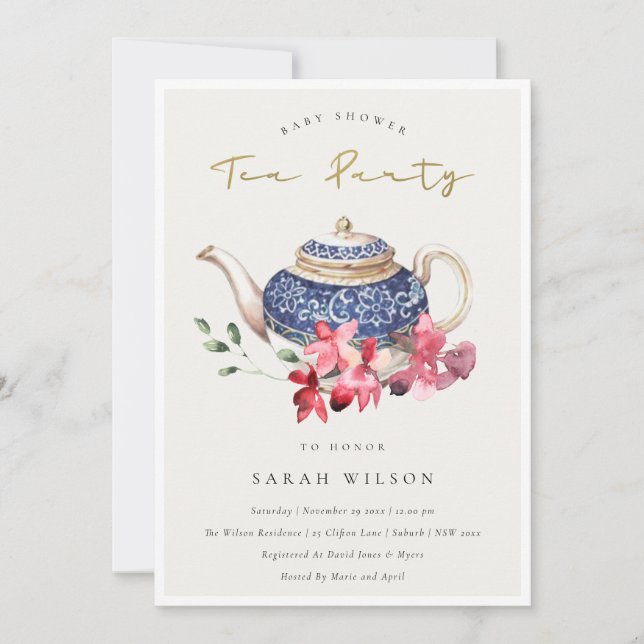 Red Tekanna Blommigt Baby Shower Tea Party Inbjuda Tack Kort (Framsida)