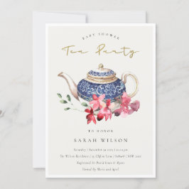 Red Tekanna Blommigt Baby Shower Tea Party Inbjuda Tack Kort