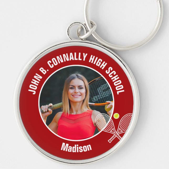 Red Tennis Player Photo High School Spirit Rund Silverfärgad Nyckelring (Framsidan)
