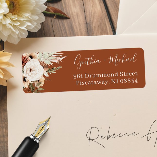 Red Terracotta Pampas Grass Blommigt Returadress Etikett (Skapare uppladdad)