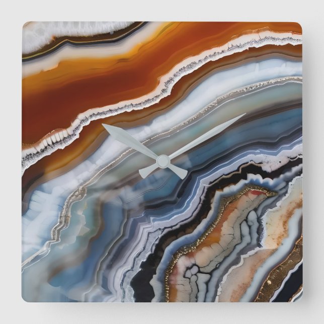 Red Terracotta White Black Blue Guld Agate Geode Fyrkantig Klocka (Framsida)