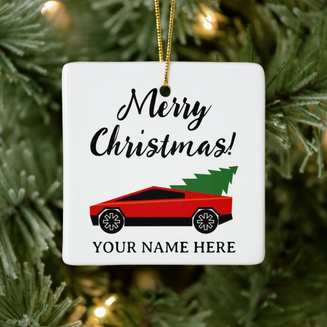 Red Tesla pickup truck with Christmas tree retro Julgransprydnad Keramik (Träd)