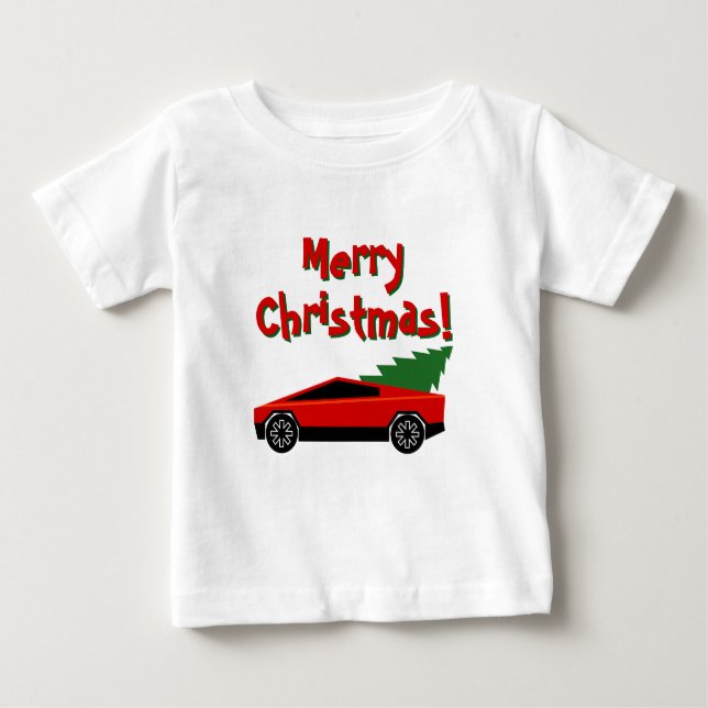 Red Tesla truck hauling a Christmas tree cute T Shirt (Framsida)