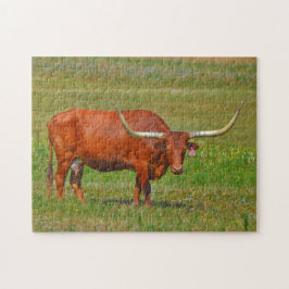 Red Texas Longhorn Cow i Pasture Puzzle Pussel