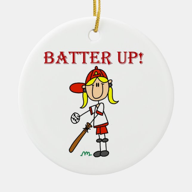 Red Text Batter Up Girls Softball Shirts and Gifts Julgransprydnad Keramik (Framsidan)