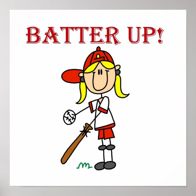 Red Text Batter Up Girls Softball Shirts and Gifts Poster (Framsidan)
