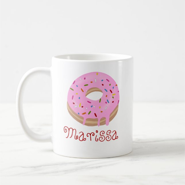 Red Text Rosa Sprinkled Donut och Namn-kaffe Kaffemugg (Vänster)