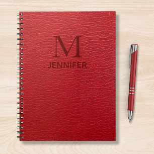 Red Textured Leather Monogram Personlig Namn Anteckningsbok