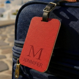 Red Textured Leather Monogram Personlig Namn Bagagebricka