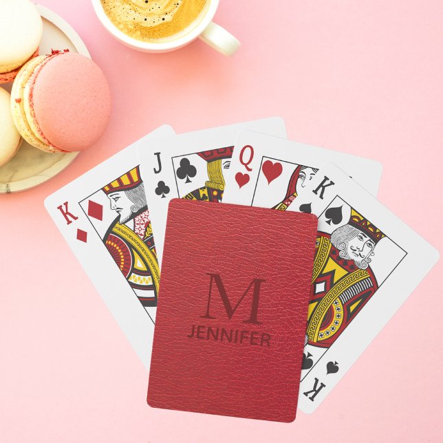 Red Textured Leather Monogram Personlig Namn Casinokort (Skapare uppladdad)