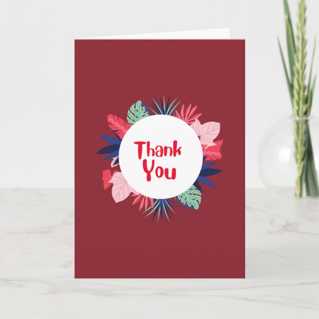 Red Thank You card with tropical flowers Kort (Framsida)