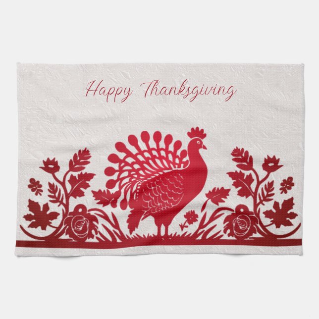 Red Thanksgiving Turkey Blommigt Kitchen Towel Kökshandduk (Horisontell)