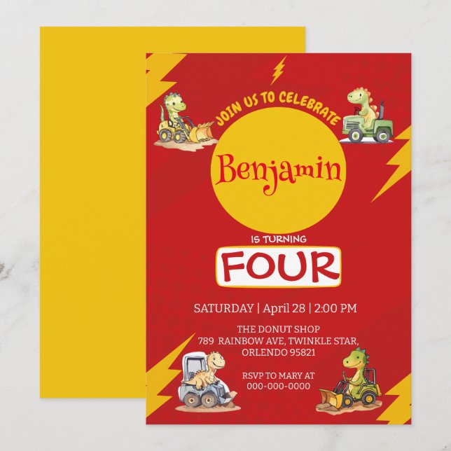 RED thunder Cute dinosauer Traktor School Birthday Inbjudningar (Fram/baksida)