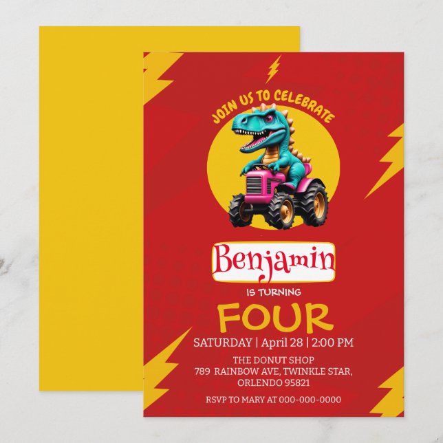 RED thunder Cute dinosaur Farmer lastbil Birthday Inbjudningar (Fram/baksida)
