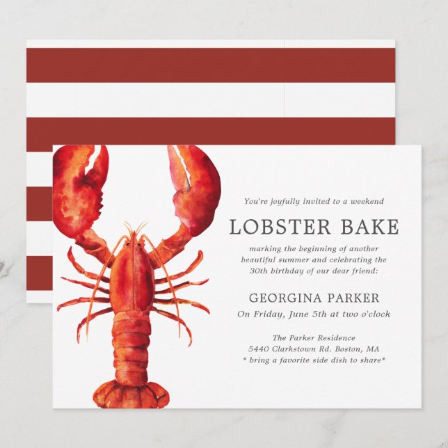 Red Tide | Lobster Bake Birthday | Red Rand Inbjudningar (Fram/baksida)