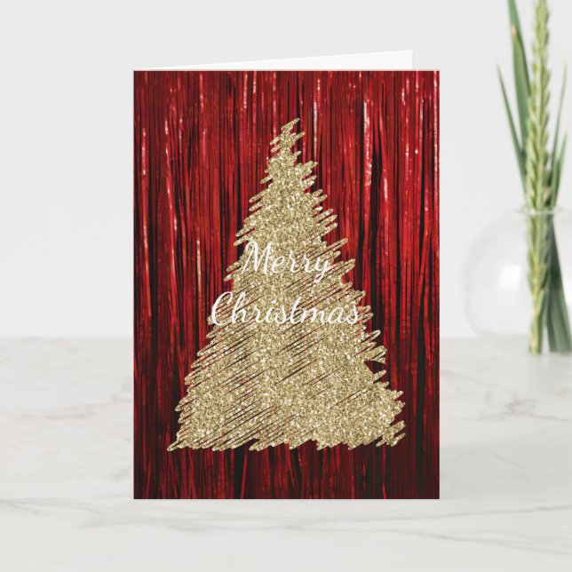 Red Tinsel Guld Glitter Julgran Kort (Framsida)