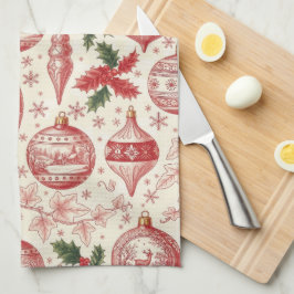 Red Toile Chinoiserie Christmas Ornaments Kökshandduk
