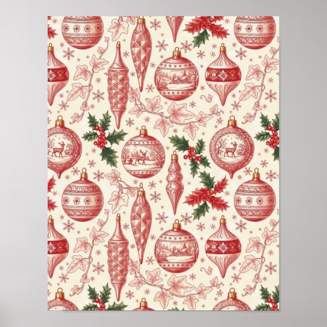 Red Toile Chinoiserie Christmas Ornaments Poster (Framsidan)